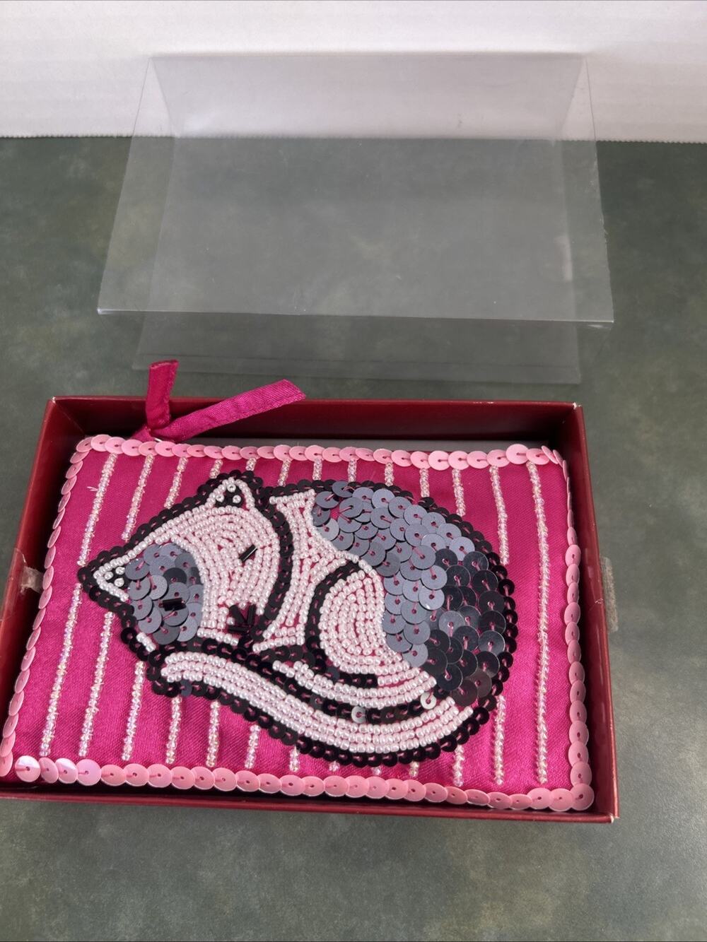 ROLFS Essentials Sleeping Cat Coin Purse Beaded Sequin Pink Zip Pouch Cute